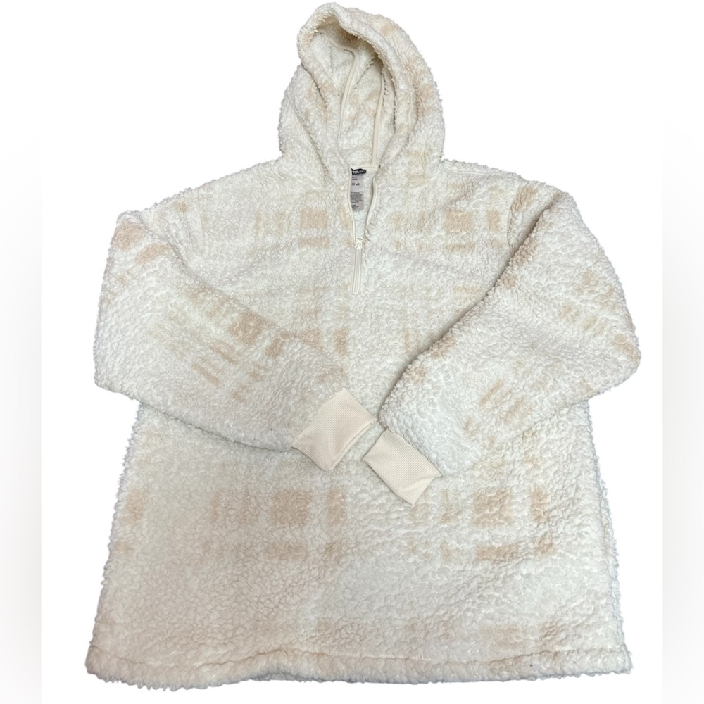 Crane Hooded Sherpa Quarter Zip - Size Medium, Cream and Tan Plaid